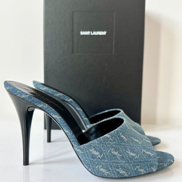 Saint Laurent La 16 Cassandre Denim YSL Logo High Heel Mules EU 39